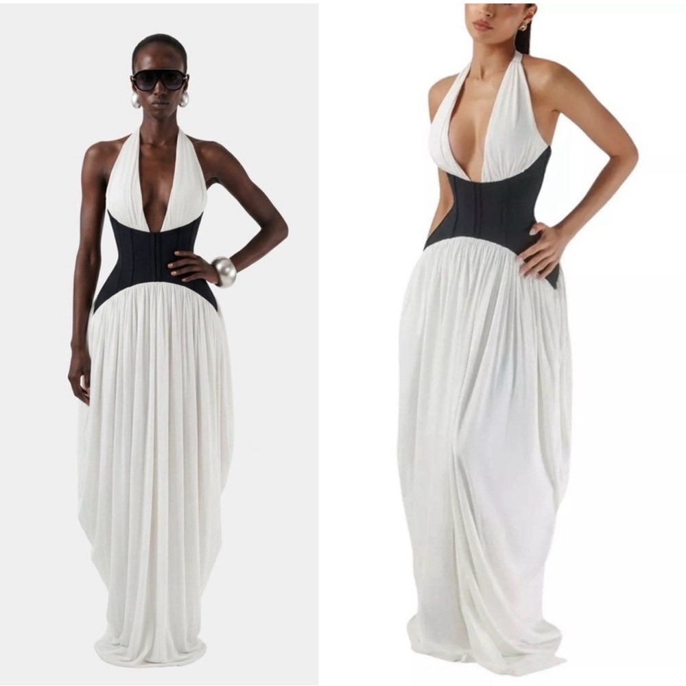 Heiress Beverly Hills White Halter Maxi Dress with Black Corset Waist - NWT
